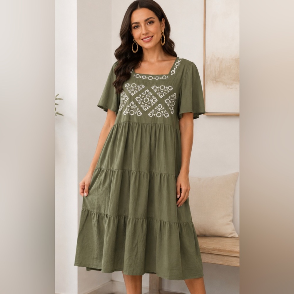 NWT BalticBorn Olive Embroidered Tiered Midi Dress L